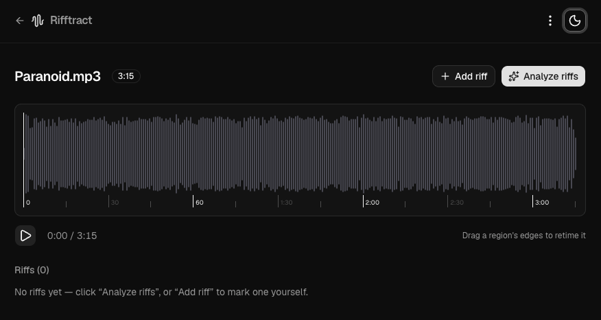 Rifftract before analysis: Paranoid.mp3 loaded, full waveform shown, zero riffs detected yet